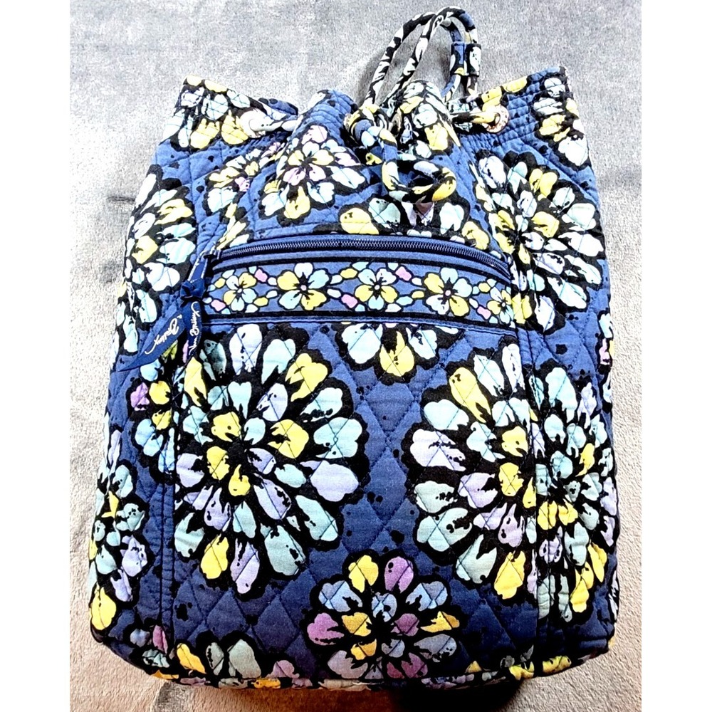 Vera Bradley Quick Draw/Cinch Top Quilted Backpack Bag Indigo Pop Purse-Retired
